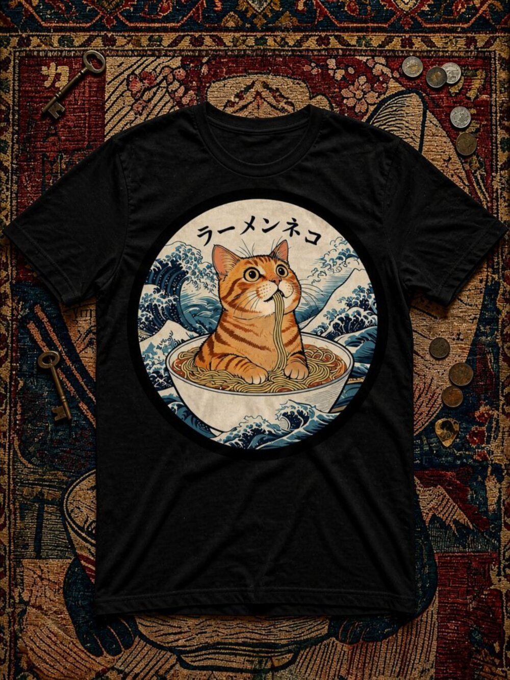 Vintage Japanese  Funny Ramen Cat Graphic T-Shirt Unisex Cotton Y2K Streetwear